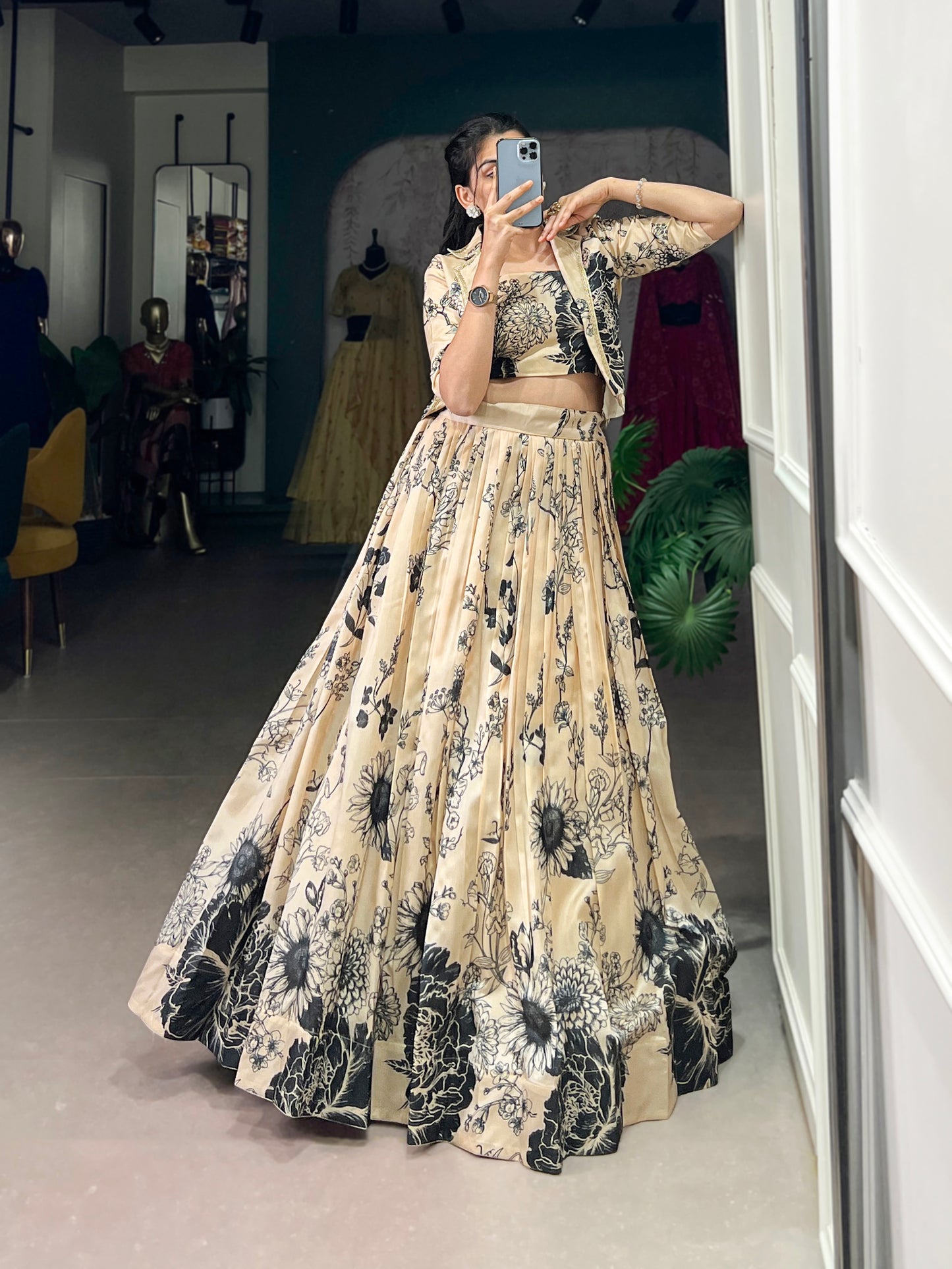 Blooming Grace in Tussar Silk – Floral Printed Lehenga Choli with Matching Koti for Festive Elegance