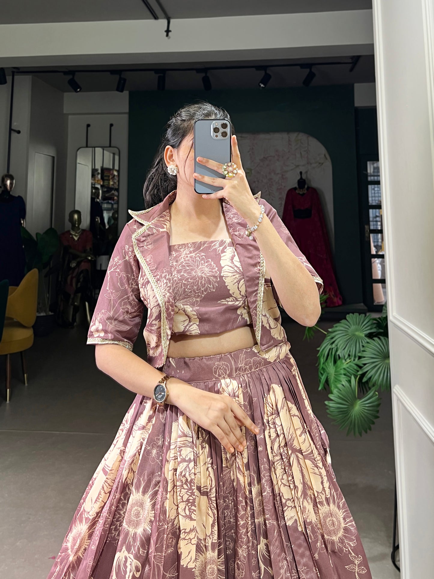 Blooming Grace in Tussar Silk – Floral Printed Lehenga Choli with Matching Koti for Festive Elegance