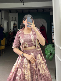Blooming Grace in Tussar Silk – Floral Printed Lehenga Choli with Matching Koti for Festive Elegance