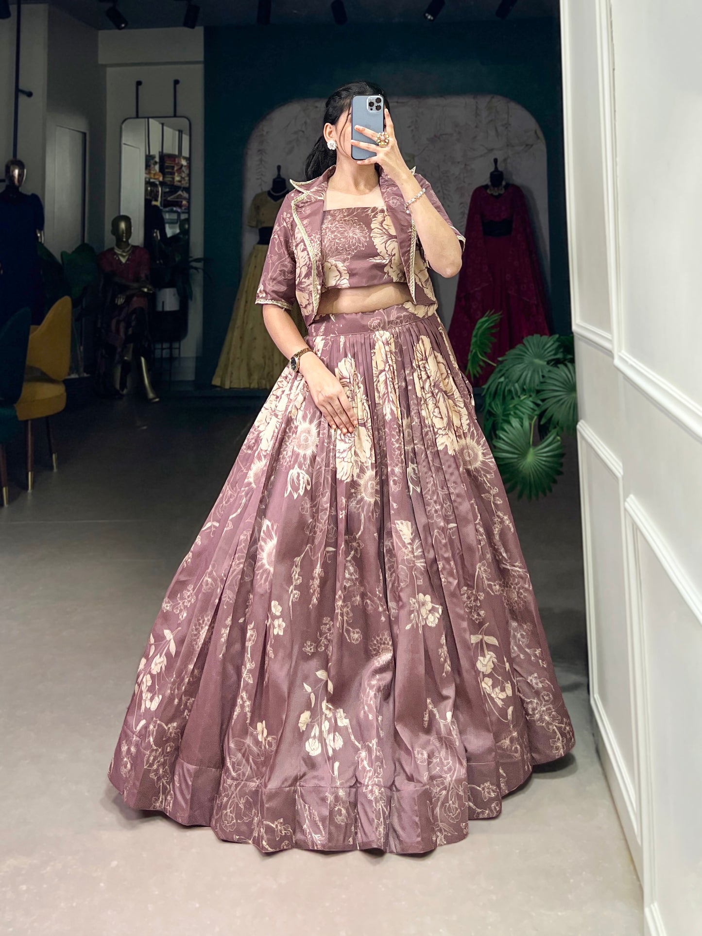 Blooming Grace in Tussar Silk – Floral Printed Lehenga Choli with Matching Koti for Festive Elegance