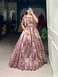 Blooming Grace in Tussar Silk – Floral Printed Lehenga Choli with Matching Koti for Festive Elegance