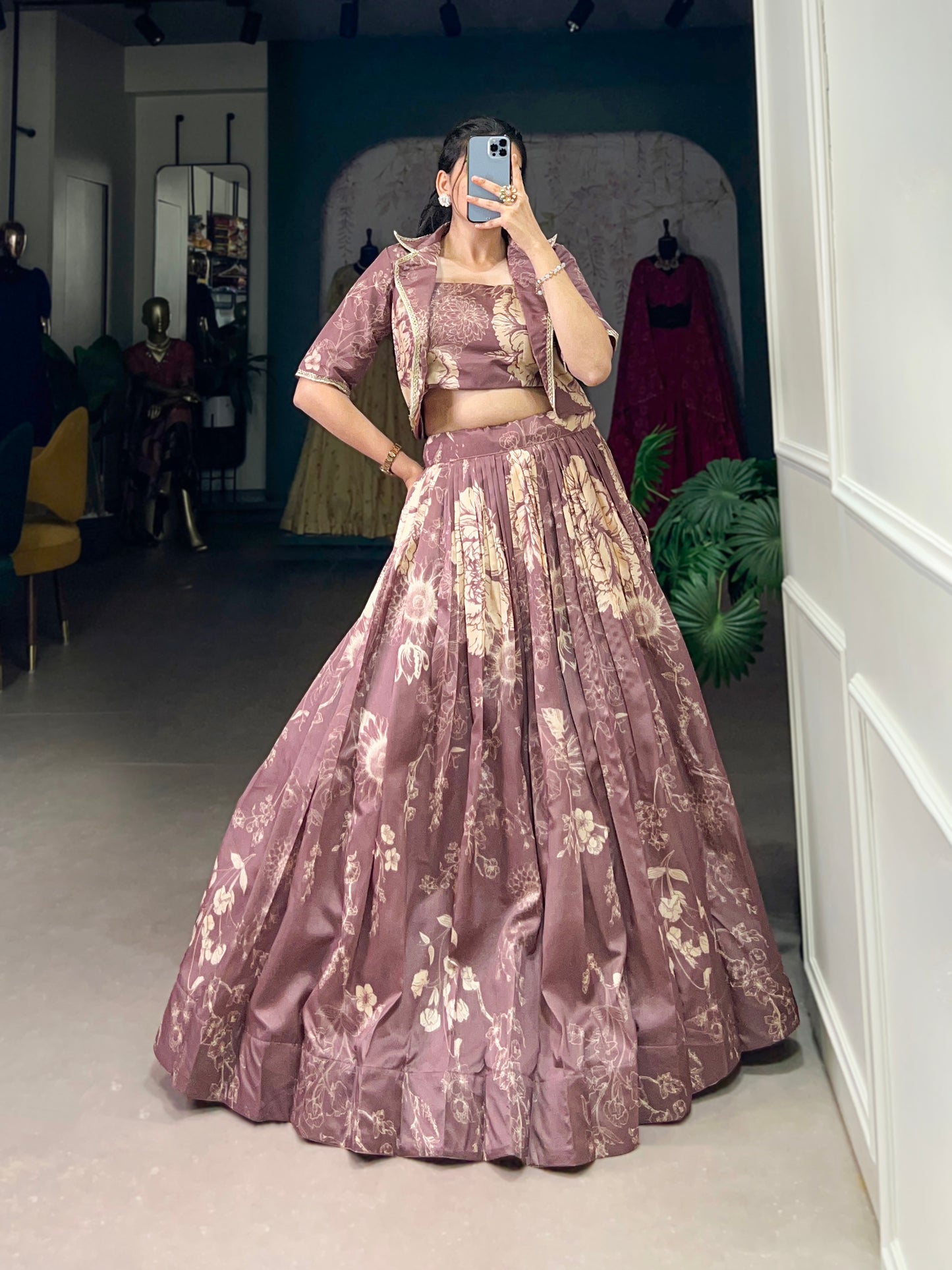 Blooming Grace in Tussar Silk – Floral Printed Lehenga Choli with Matching Koti for Festive Elegance