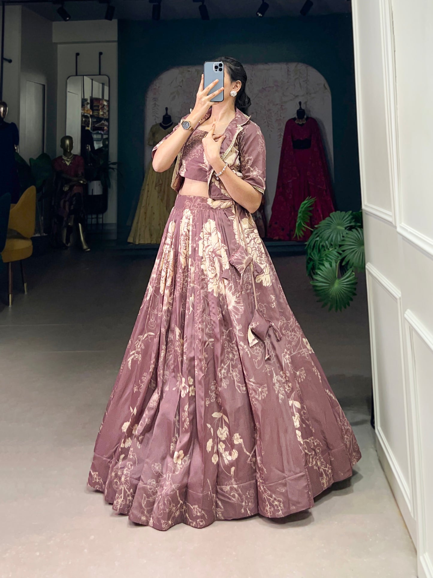 Blooming Grace in Tussar Silk – Floral Printed Lehenga Choli with Matching Koti for Festive Elegance