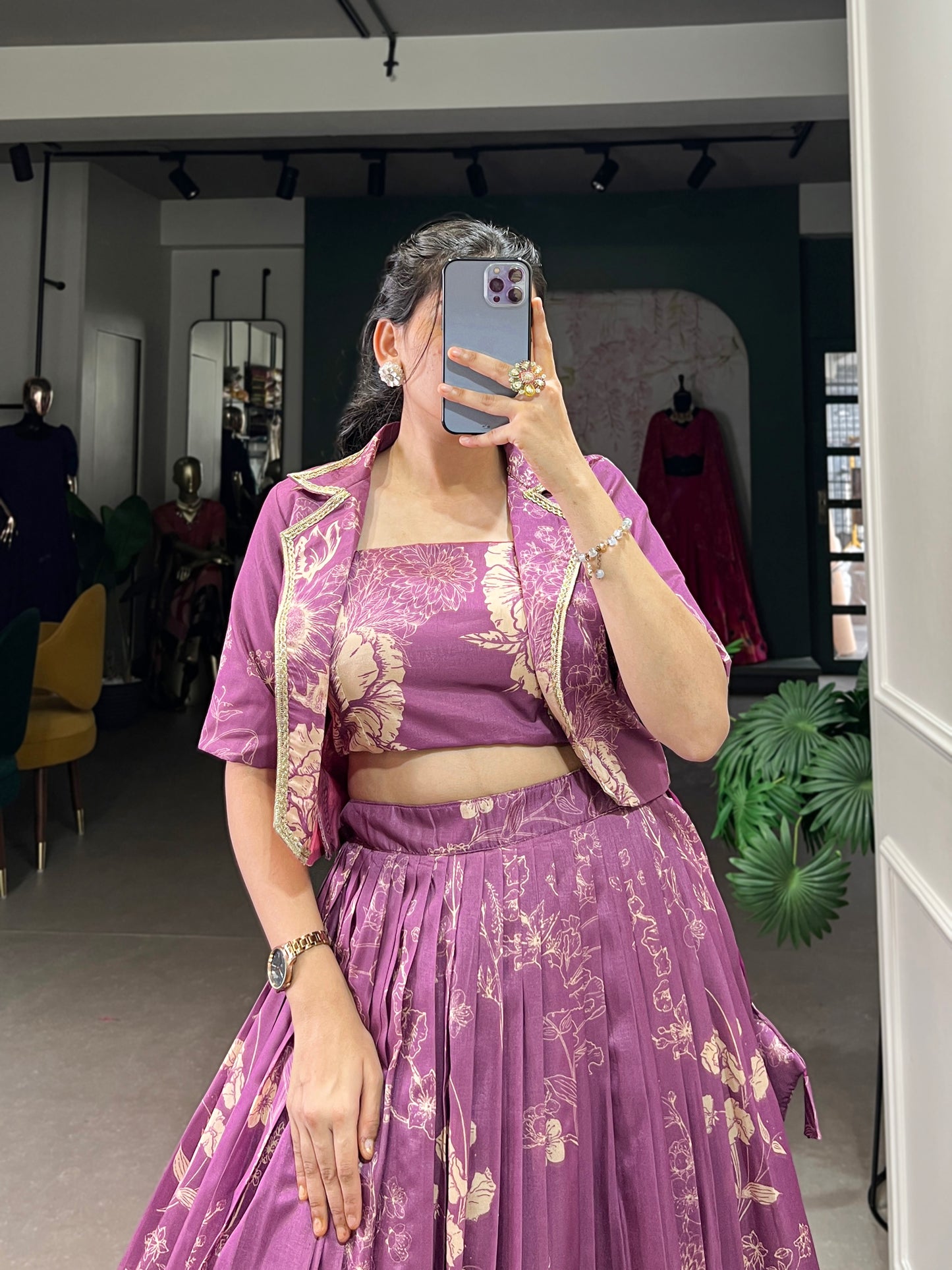 Blooming Grace in Tussar Silk – Floral Printed Lehenga Choli with Matching Koti for Festive Elegance