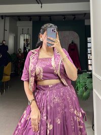 Blooming Grace in Tussar Silk – Floral Printed Lehenga Choli with Matching Koti for Festive Elegance