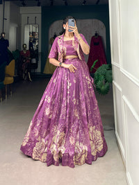 Blooming Grace in Tussar Silk – Floral Printed Lehenga Choli with Matching Koti for Festive Elegance
