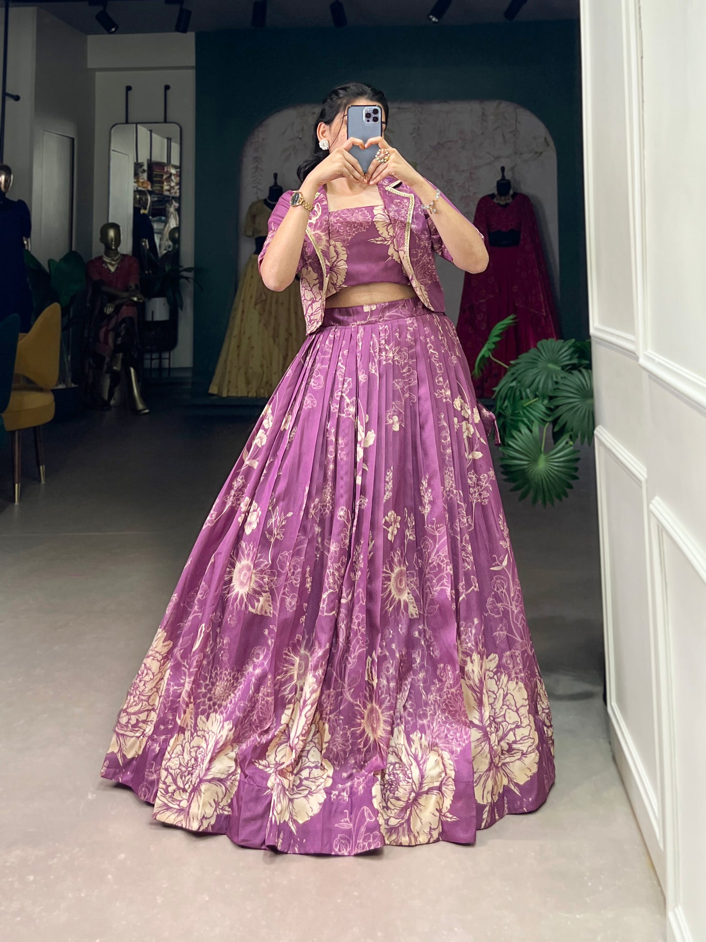 Blooming Grace in Tussar Silk – Floral Printed Lehenga Choli with Matching Koti for Festive Elegance