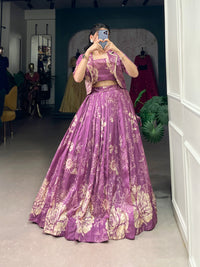 Blooming Grace in Tussar Silk – Floral Printed Lehenga Choli with Matching Koti for Festive Elegance