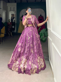 Blooming Grace in Tussar Silk – Floral Printed Lehenga Choli with Matching Koti for Festive Elegance