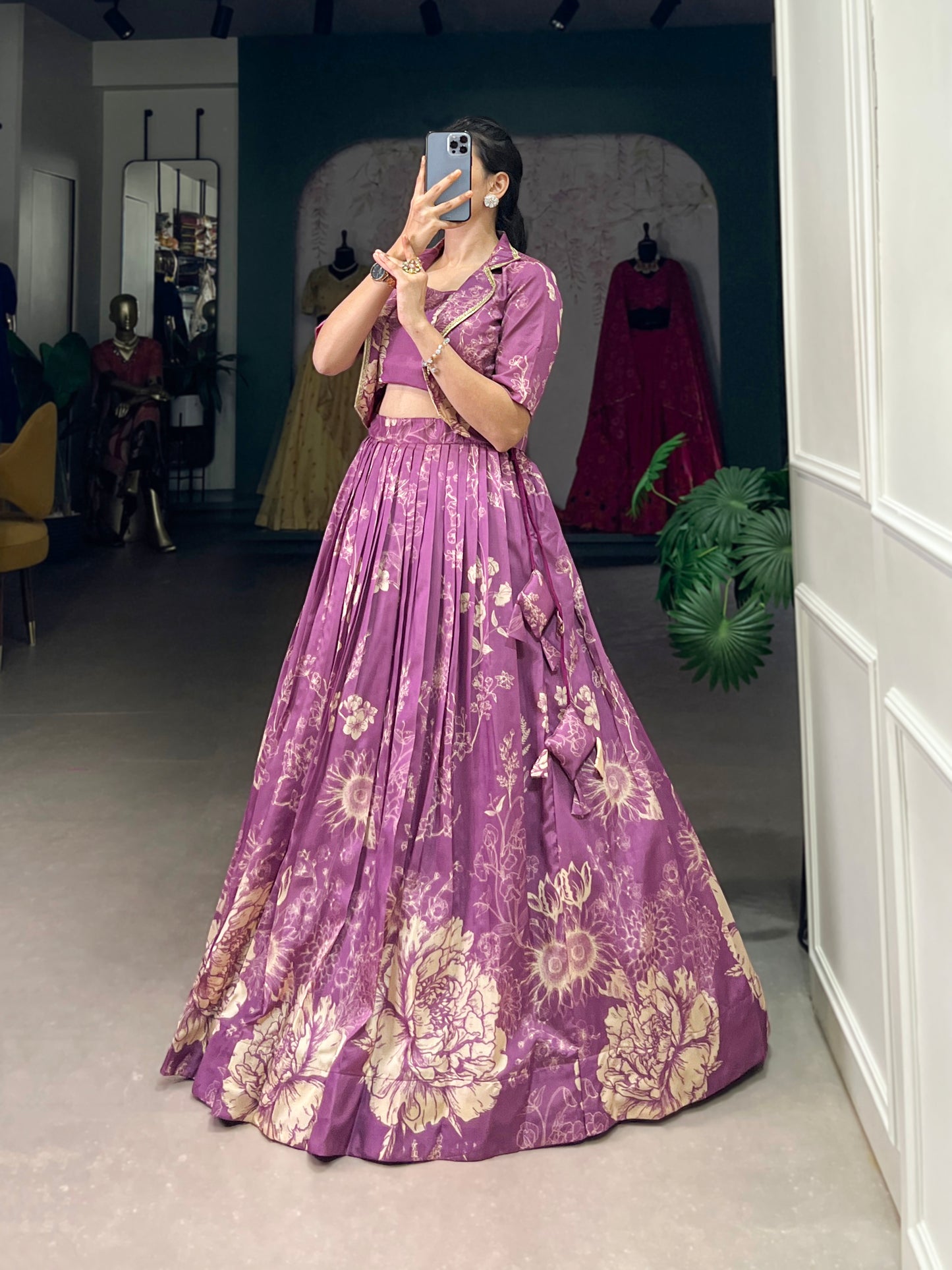 Blooming Grace in Tussar Silk – Floral Printed Lehenga Choli with Matching Koti for Festive Elegance