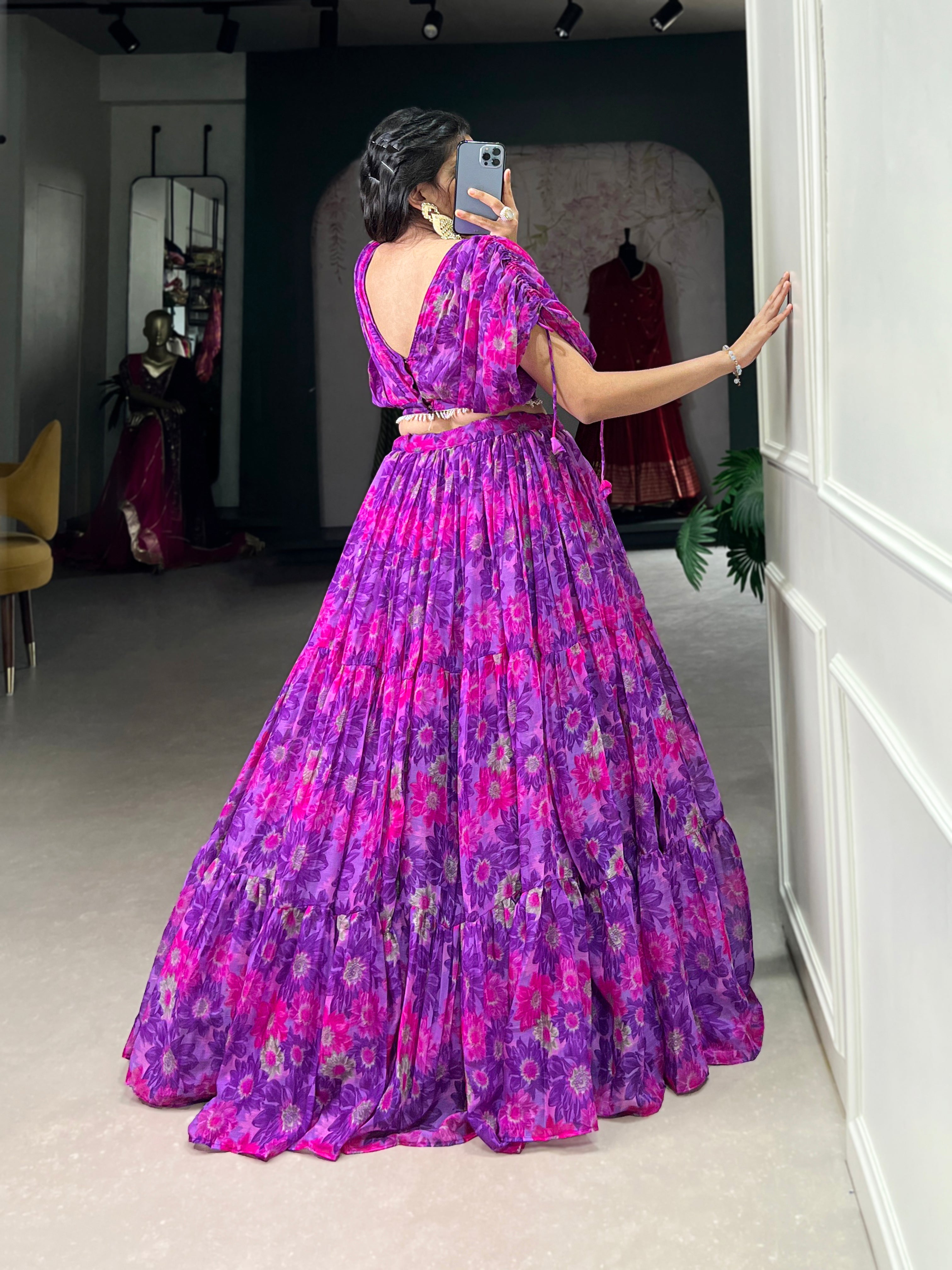 Effortless Elegance in Chiffon – Floral Print Co-ord Lehenga Set with Pearl-Enhanced Blouse
