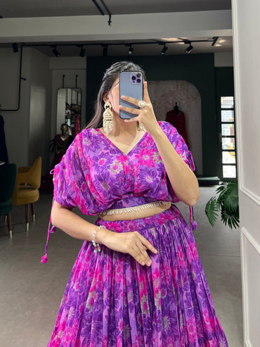 Effortless Elegance in Chiffon – Floral Print Co-ord Lehenga Set with Pearl-Enhanced Blouse