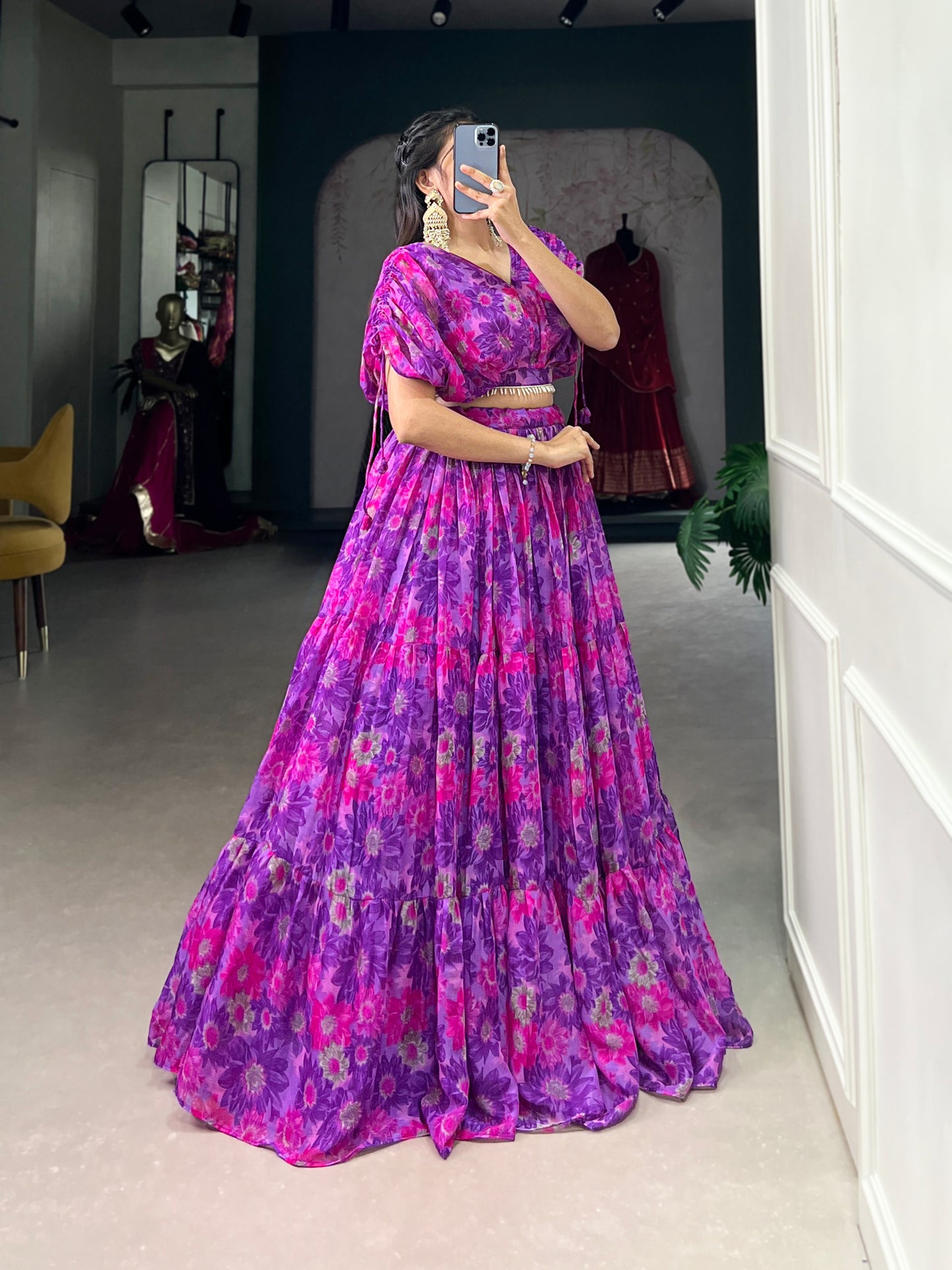 Effortless Elegance in Chiffon – Floral Print Co-ord Lehenga Set with Pearl-Enhanced Blouse