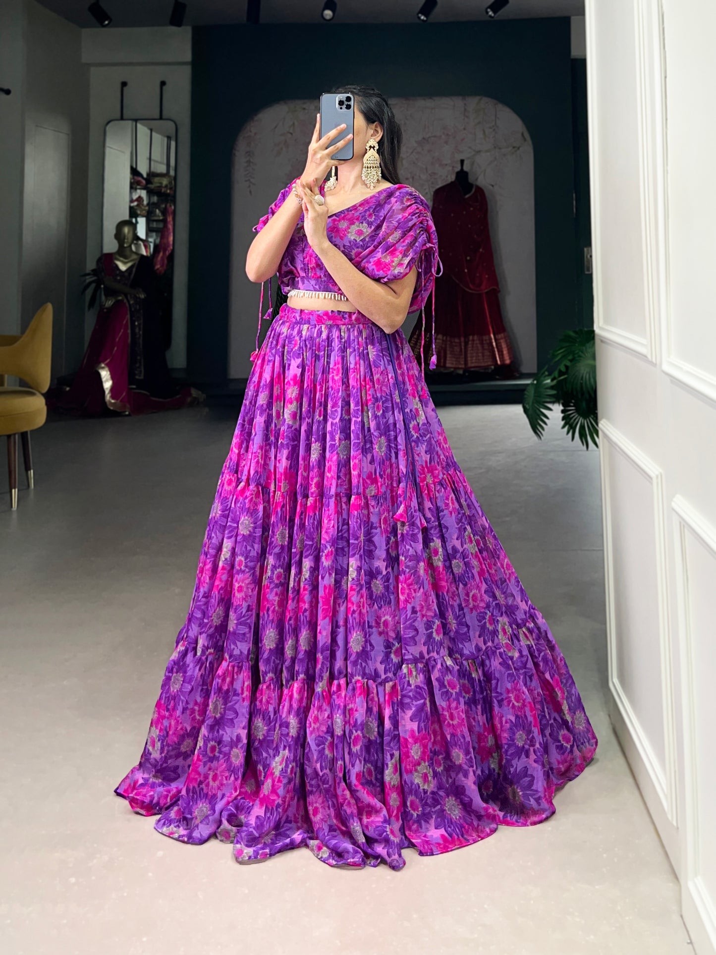 Effortless Elegance in Chiffon – Floral Print Co-ord Lehenga Set with Pearl-Enhanced Blouse
