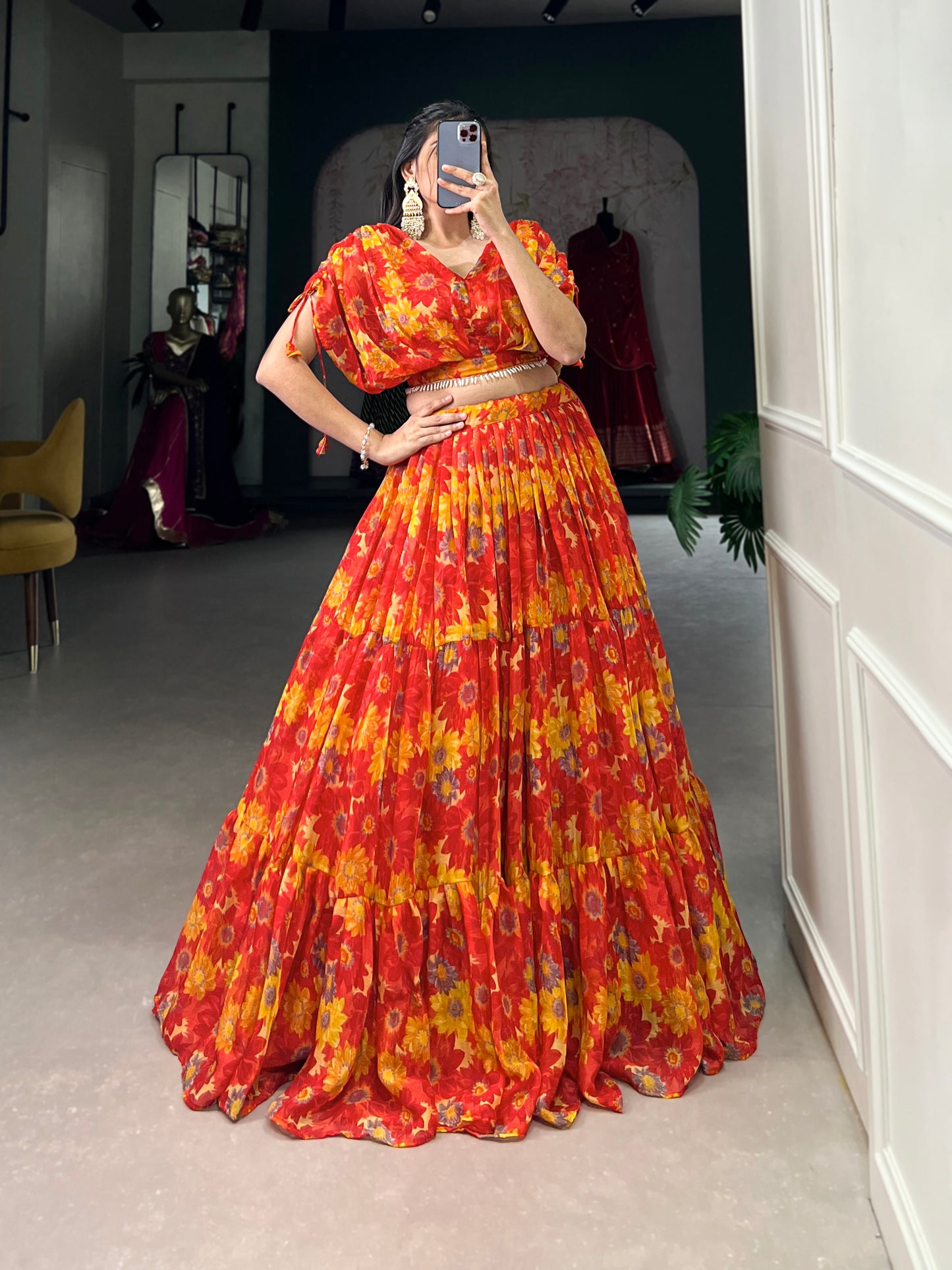Effortless Elegance in Chiffon – Floral Print Co-ord Lehenga Set with Pearl-Enhanced Blouse