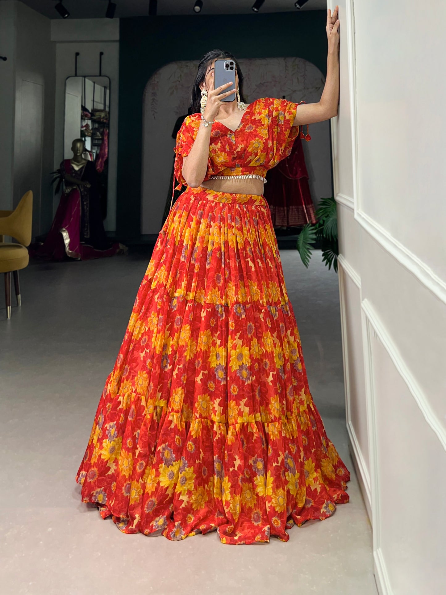 Effortless Elegance in Chiffon – Floral Print Co-ord Lehenga Set with Pearl-Enhanced Blouse
