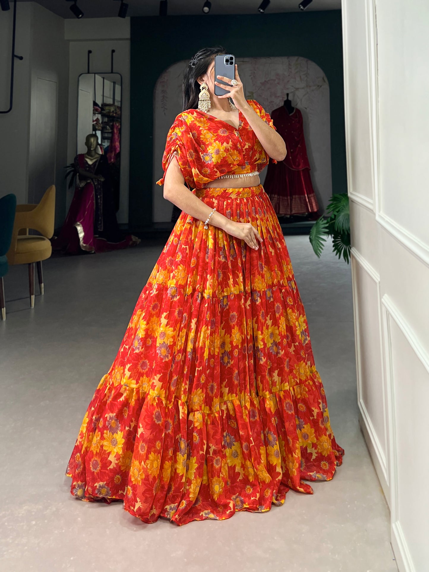 Effortless Elegance in Chiffon – Floral Print Co-ord Lehenga Set with Pearl-Enhanced Blouse
