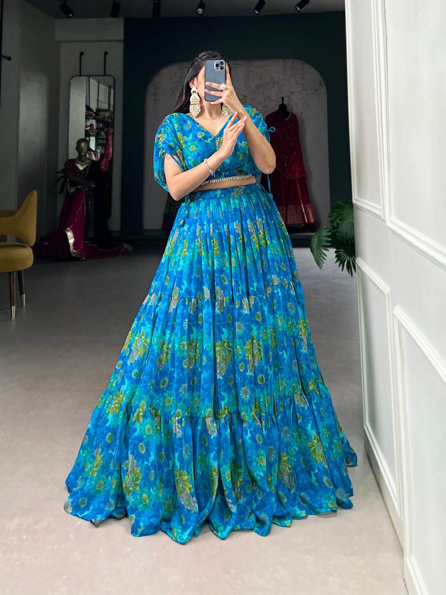Effortless Elegance in Chiffon – Floral Print Co-ord Lehenga Set with Pearl-Enhanced Blouse