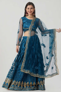 Rama-Blue Net Lehenga Choli with Floral Thread Embroidery and Dupatta