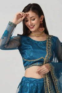 Rama-Blue Net Lehenga Choli with Floral Thread Embroidery and Dupatta