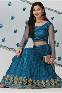 Rama-Blue Net Lehenga Choli with Floral Thread Embroidery and Dupatta