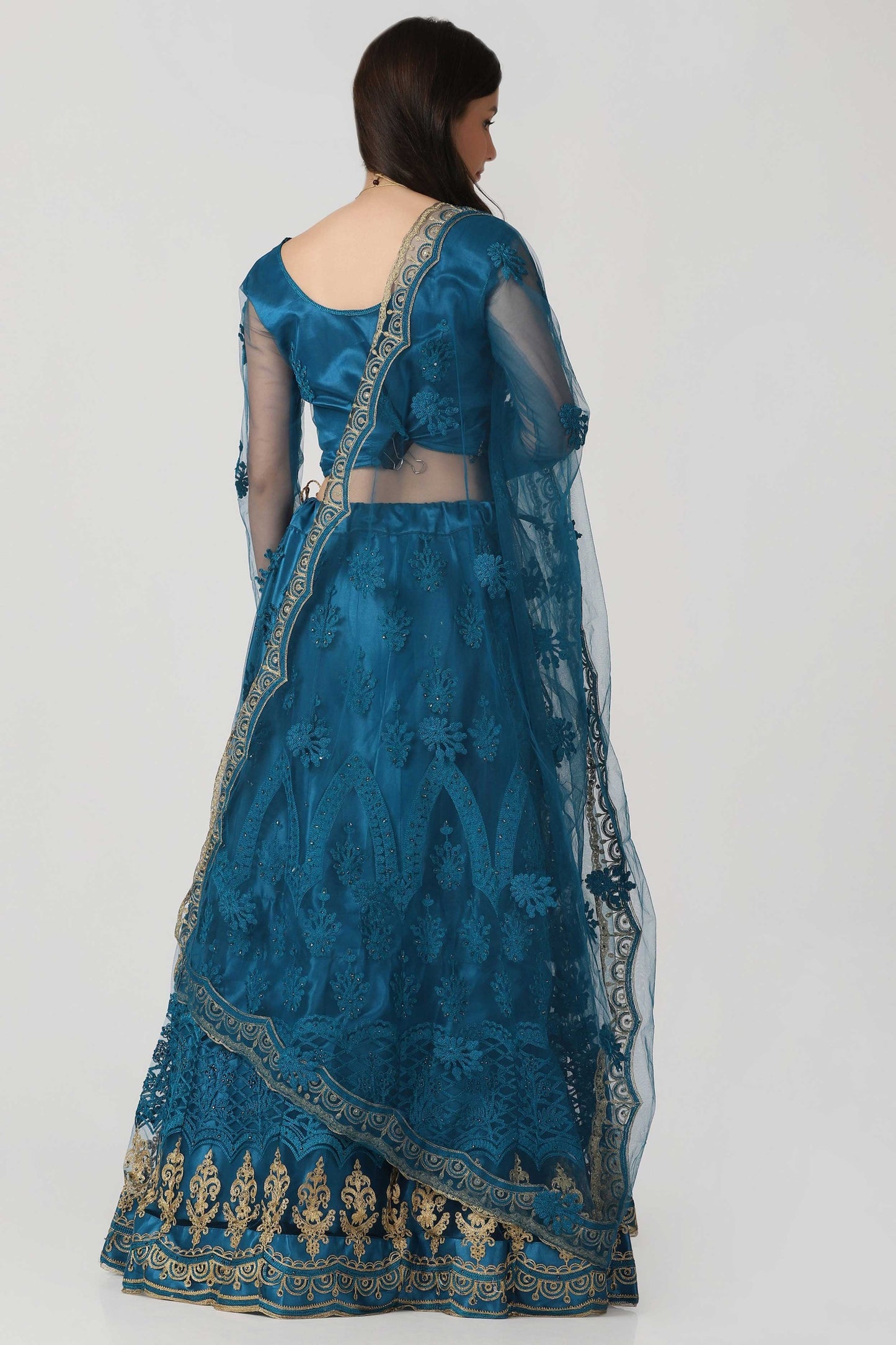 Rama-Blue Net Lehenga Choli with Floral Thread Embroidery and Dupatta