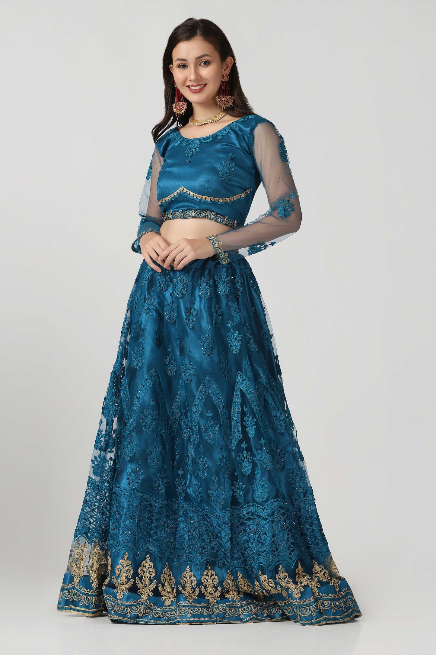 Rama-Blue Net Lehenga Choli with Floral Thread Embroidery and Dupatta