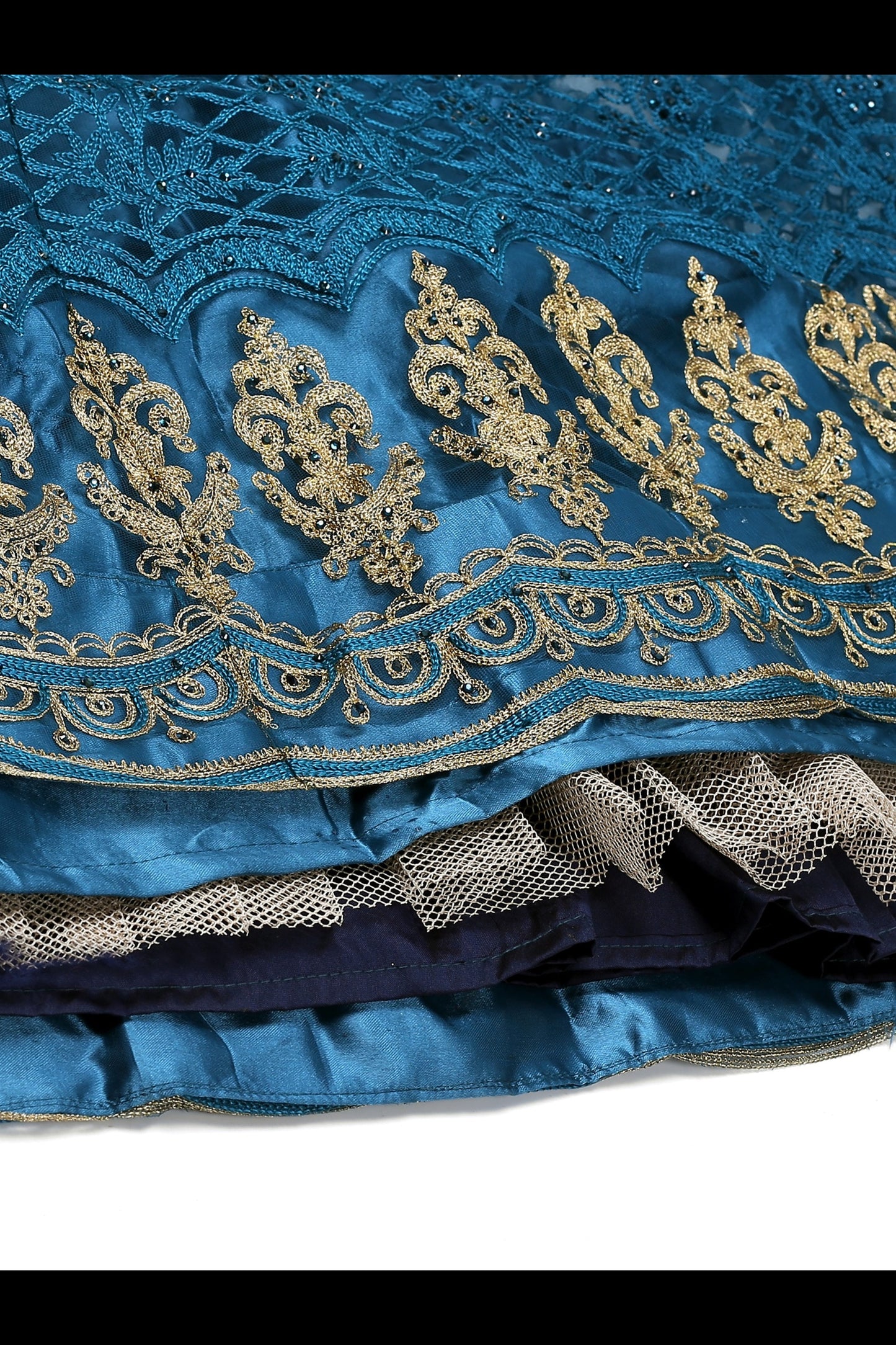 Rama-Blue Net Lehenga Choli with Floral Thread Embroidery and Dupatta