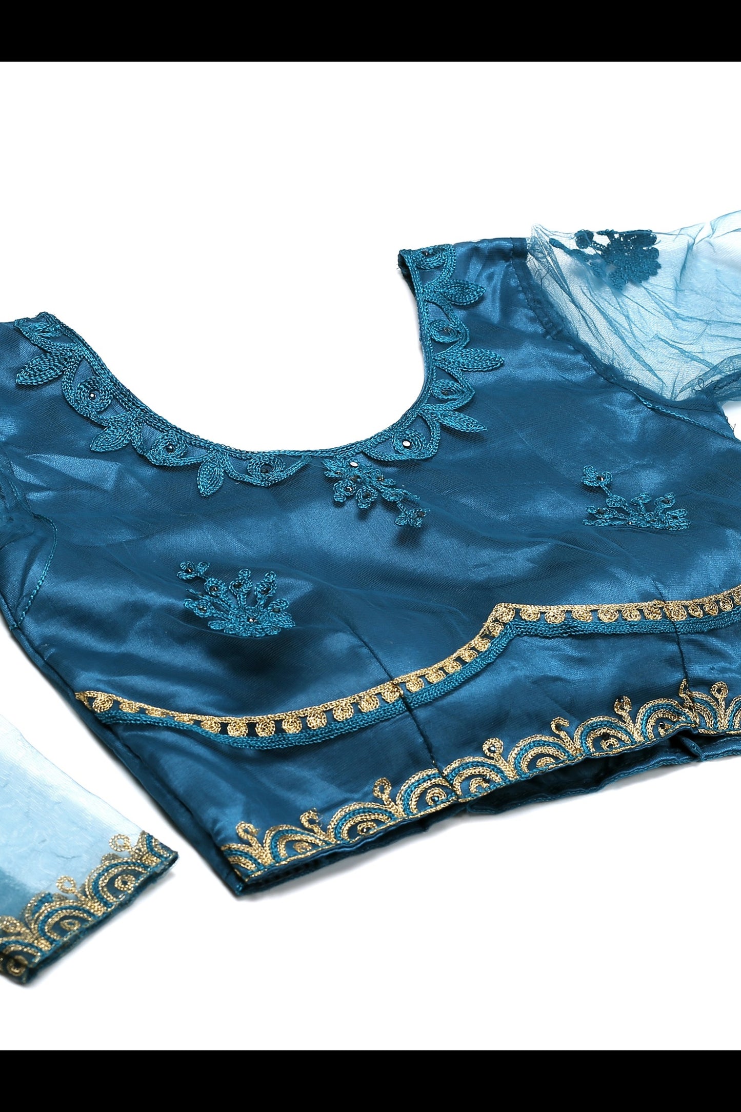 Rama-Blue Net Lehenga Choli with Floral Thread Embroidery and Dupatta