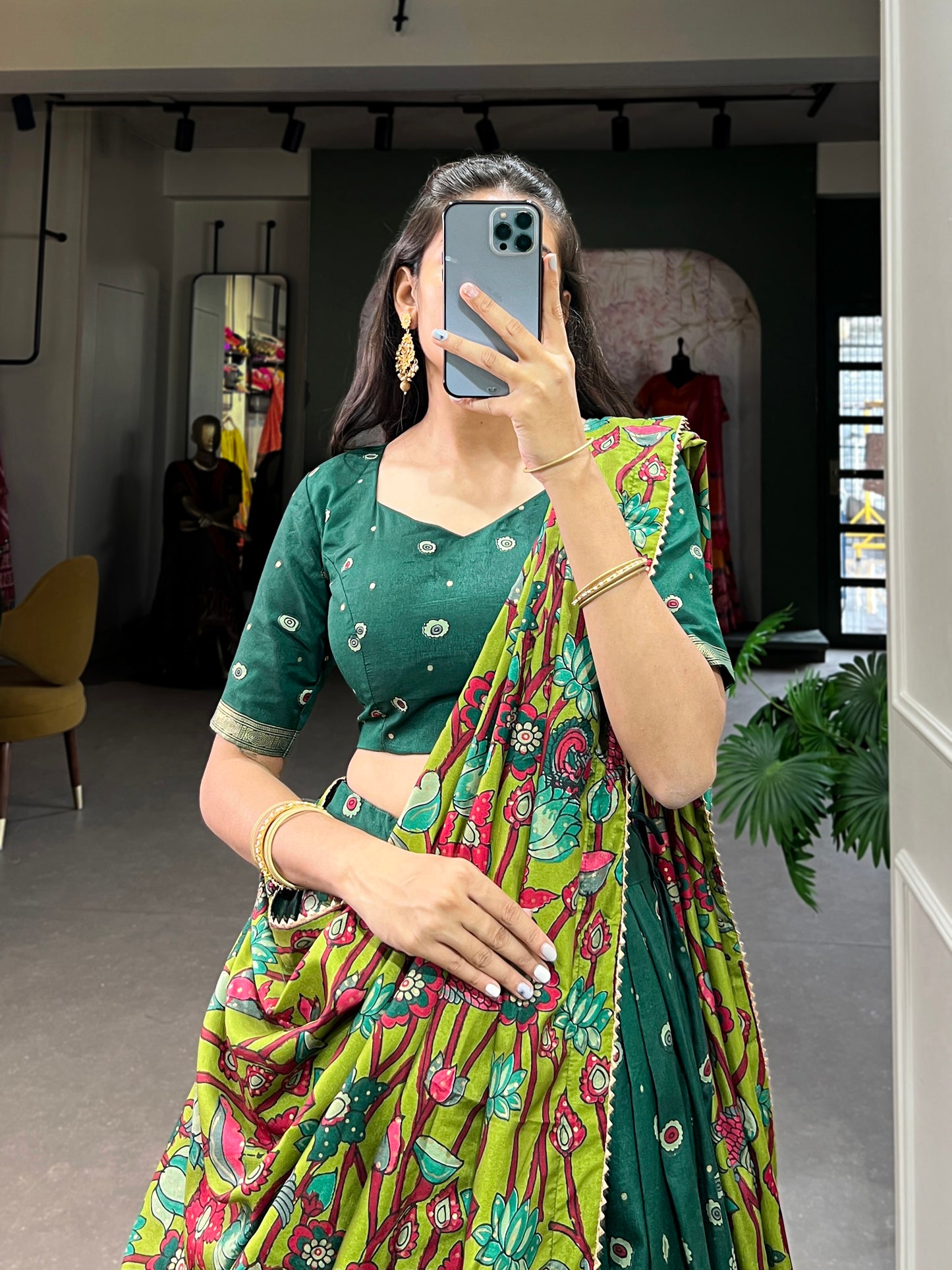 Infuse Your Wardrobe with Southern Grace – Tussar Silk Kalamkari Print Lehenga Choli with Foil Work Border