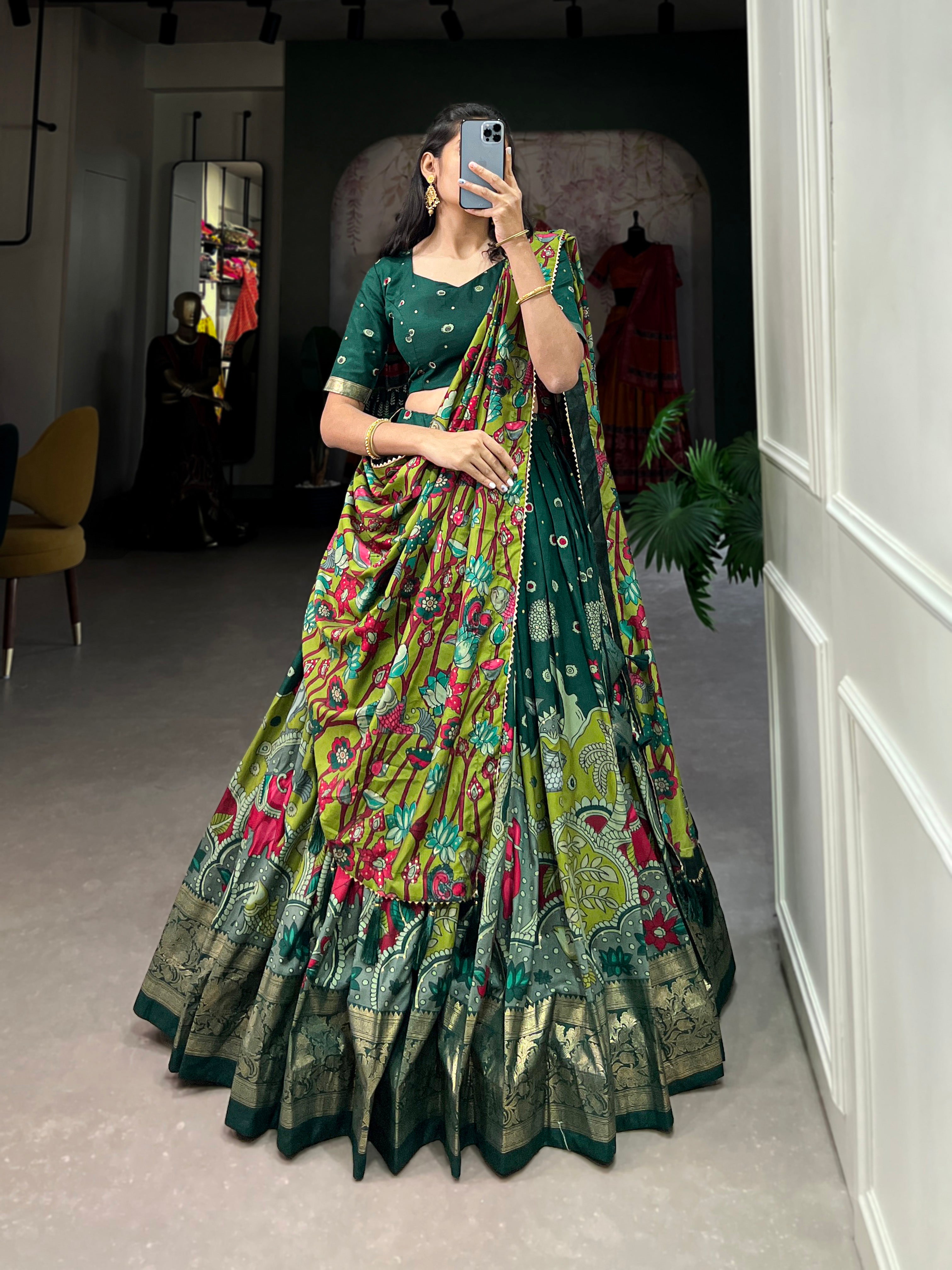 Infuse Your Wardrobe with Southern Grace – Tussar Silk Kalamkari Print Lehenga Choli with Foil Work Border