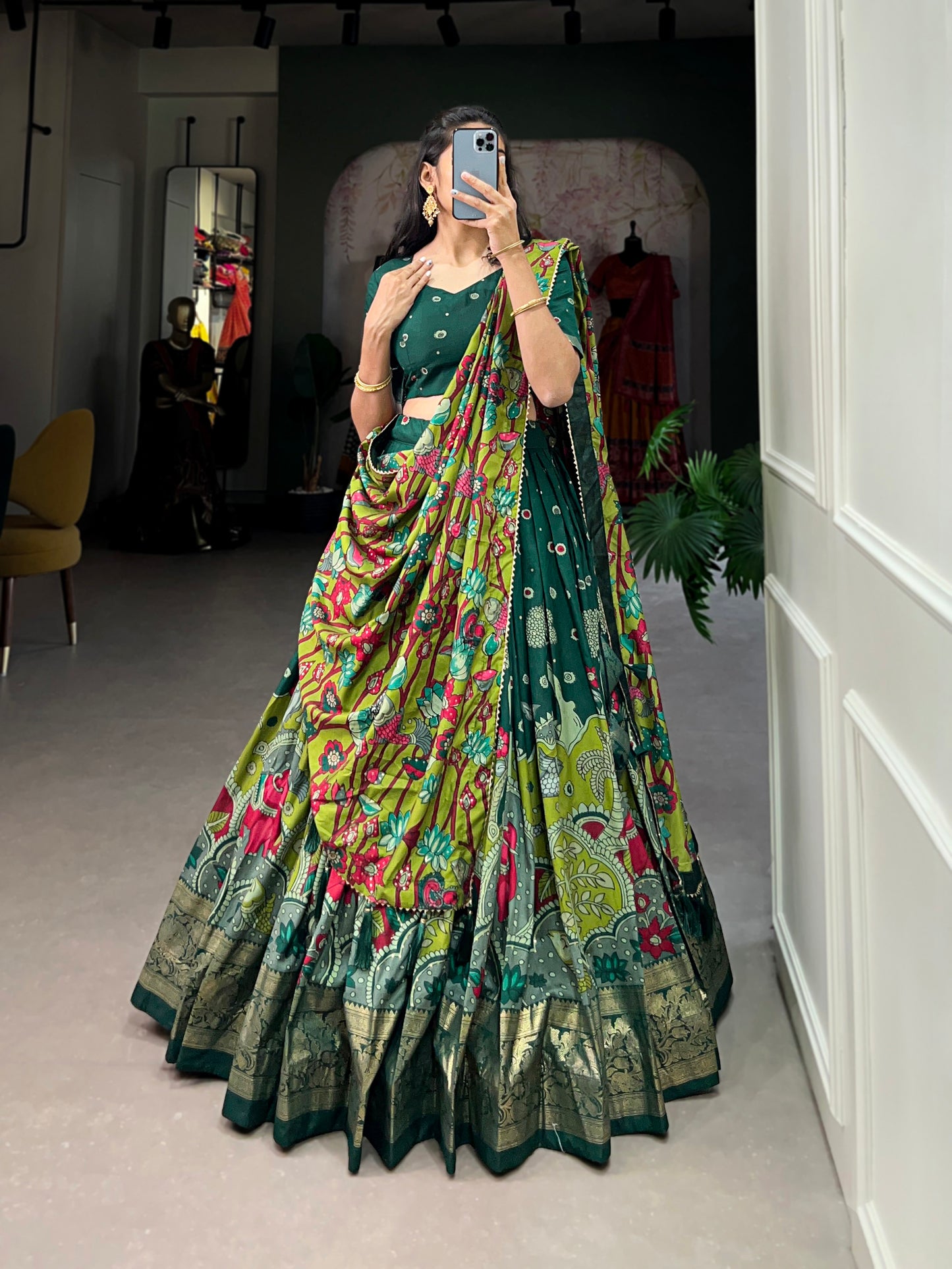 Infuse Your Wardrobe with Southern Grace – Tussar Silk Kalamkari Print Lehenga Choli with Foil Work Border