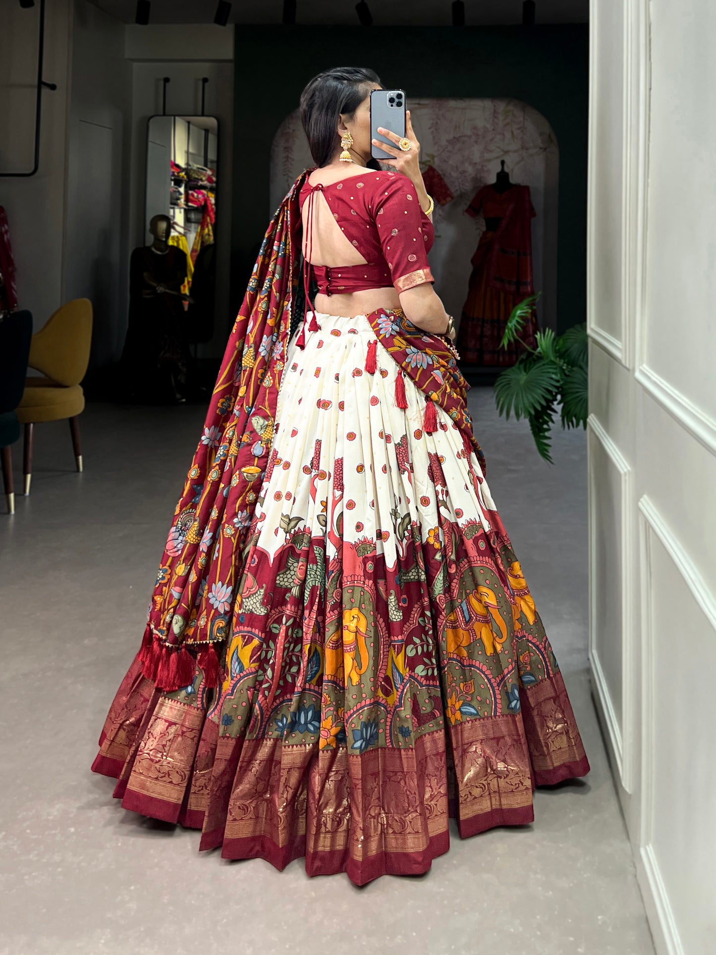 Infuse Your Wardrobe with Southern Grace – Tussar Silk Kalamkari Print Lehenga Choli with Foil Work Border