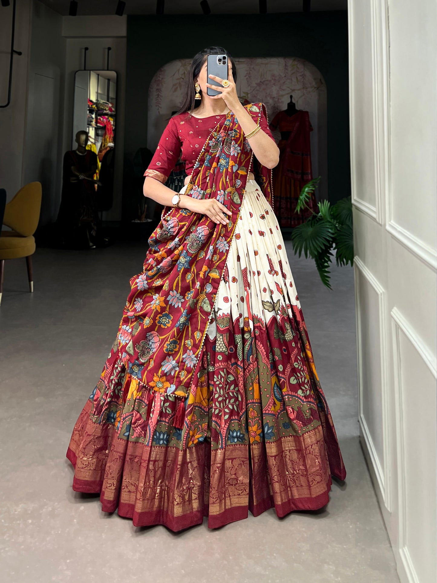 Infuse Your Wardrobe with Southern Grace – Tussar Silk Kalamkari Print Lehenga Choli with Foil Work Border