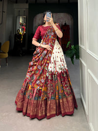 Infuse Your Wardrobe with Southern Grace – Tussar Silk Kalamkari Print Lehenga Choli with Foil Work Border