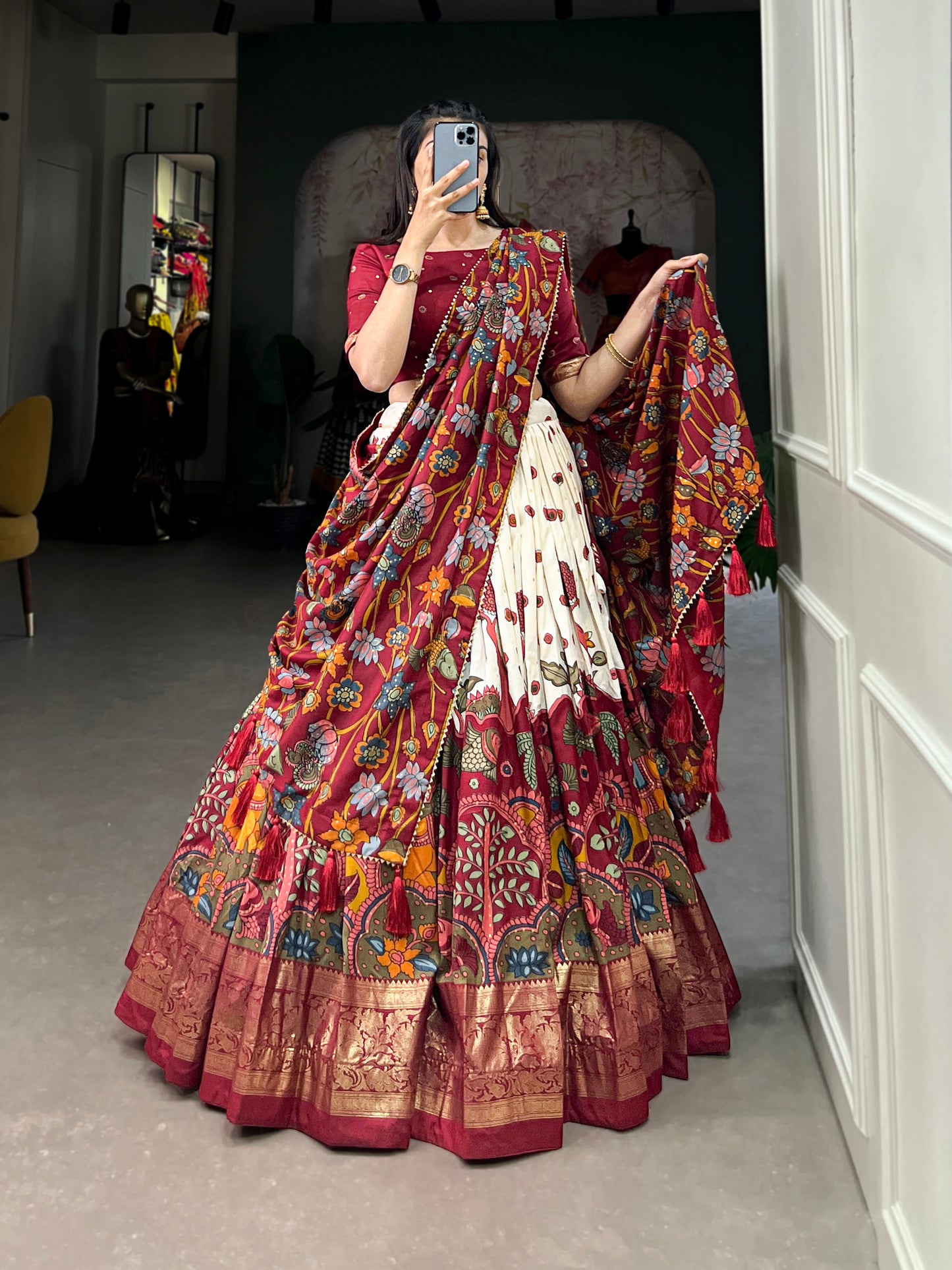 Infuse Your Wardrobe with Southern Grace – Tussar Silk Kalamkari Print Lehenga Choli with Foil Work Border