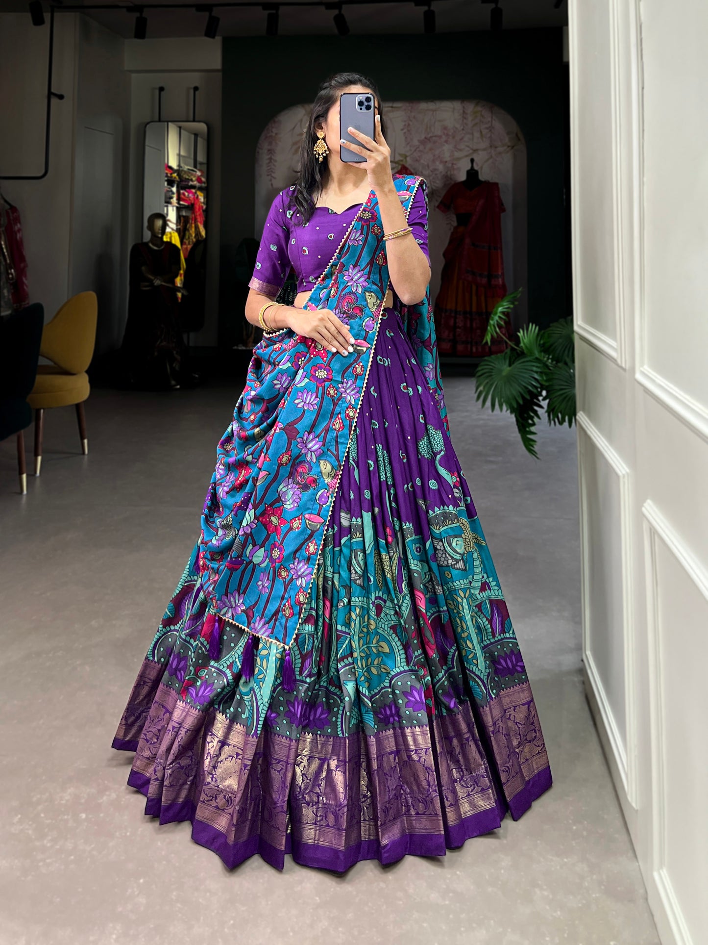 Infuse Your Wardrobe with Southern Grace – Tussar Silk Kalamkari Print Lehenga Choli with Foil Work Border
