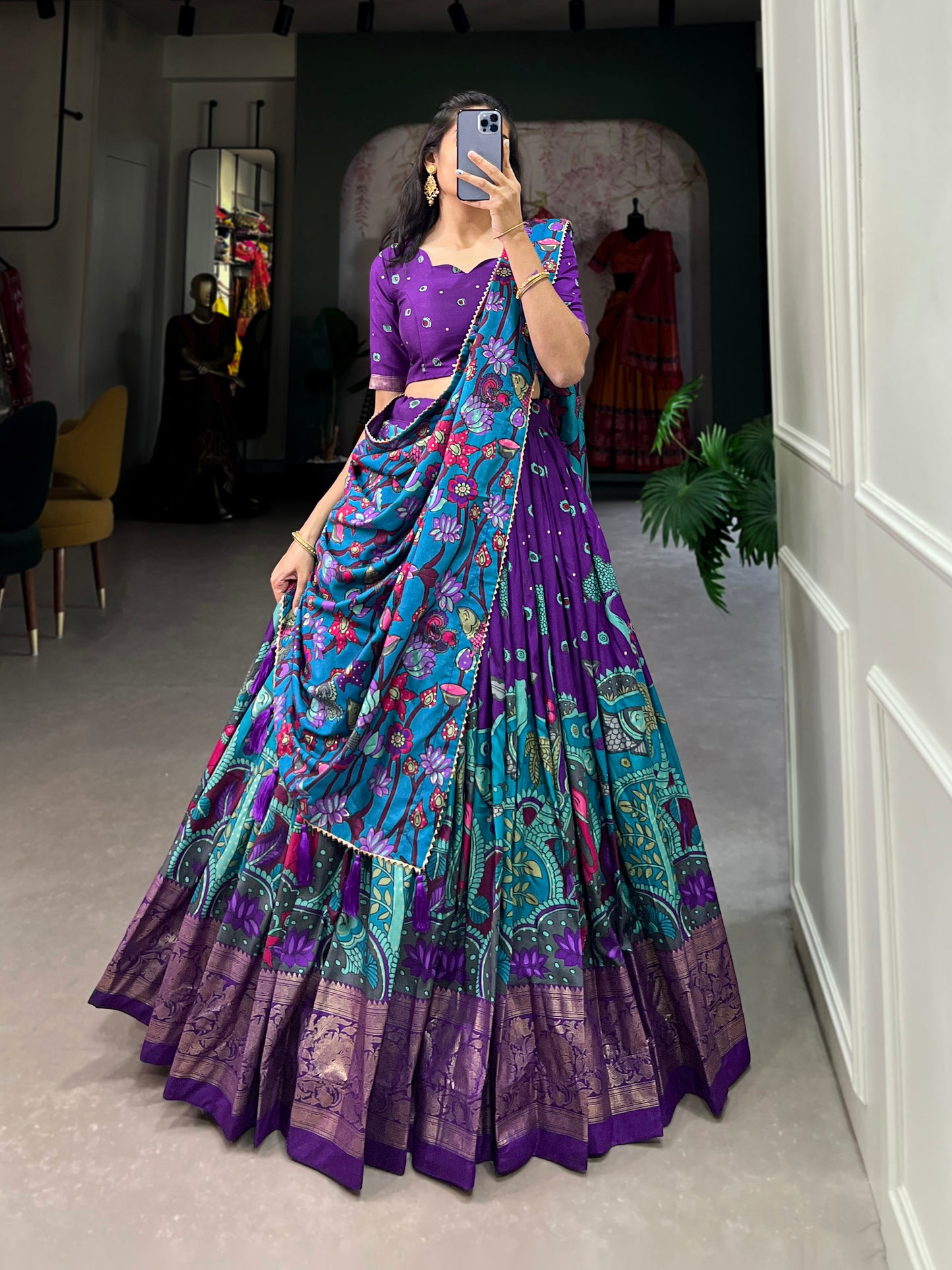 Infuse Your Wardrobe with Southern Grace – Tussar Silk Kalamkari Print Lehenga Choli with Foil Work Border