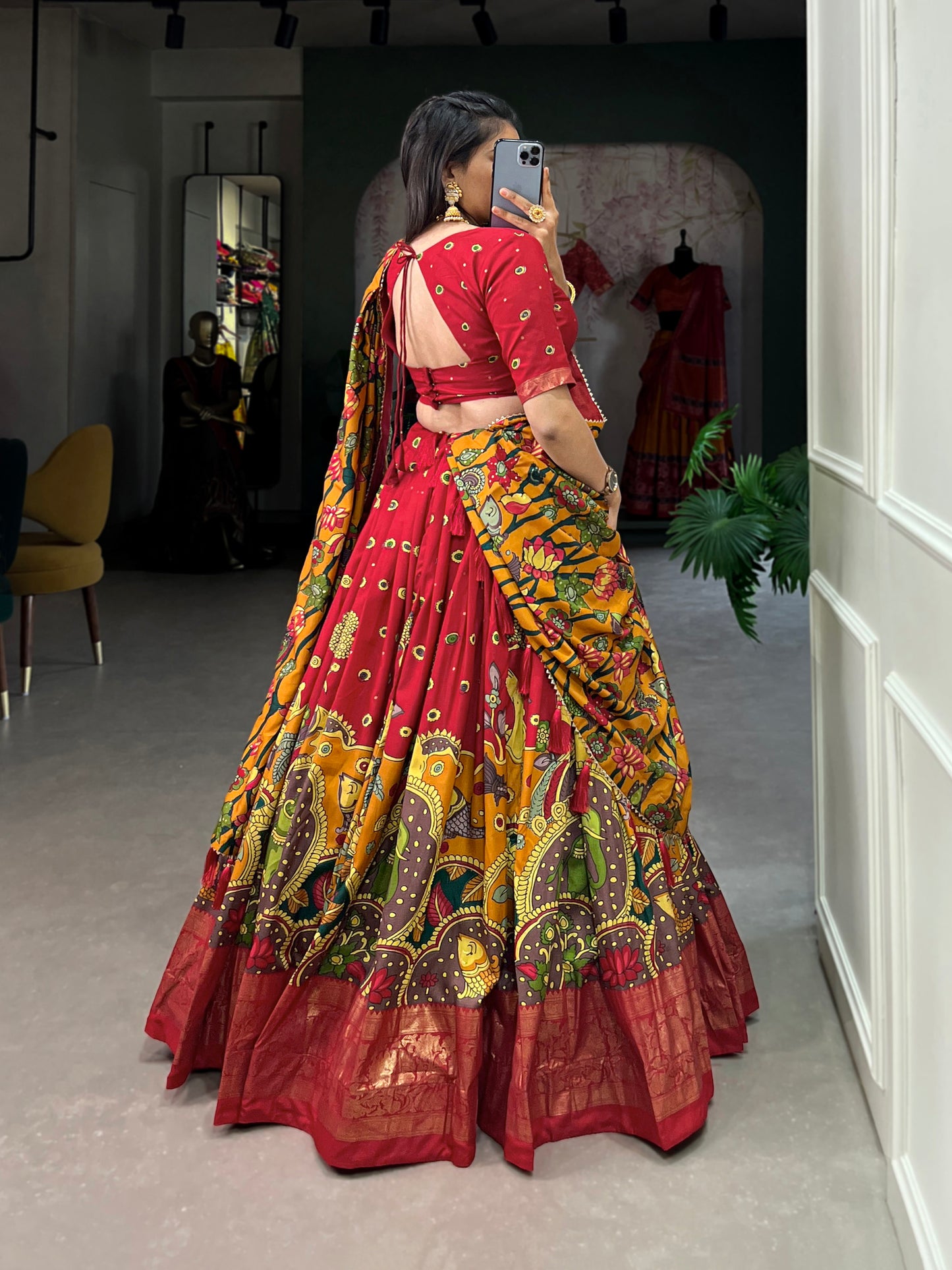 Infuse Your Wardrobe with Southern Grace – Tussar Silk Kalamkari Print Lehenga Choli with Foil Work Border