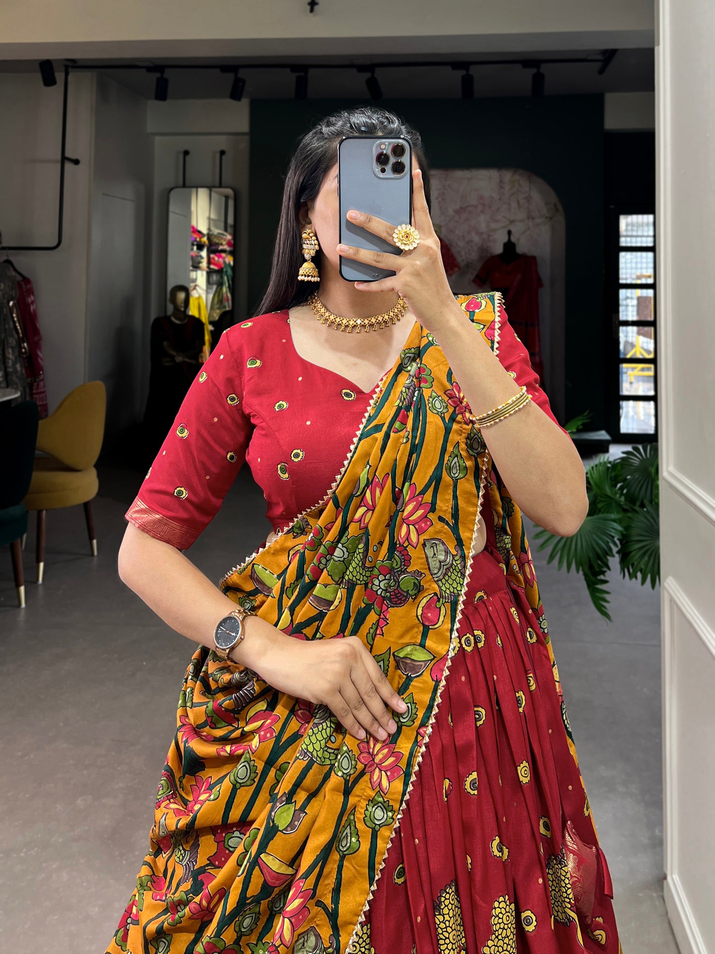 Infuse Your Wardrobe with Southern Grace – Tussar Silk Kalamkari Print Lehenga Choli with Foil Work Border