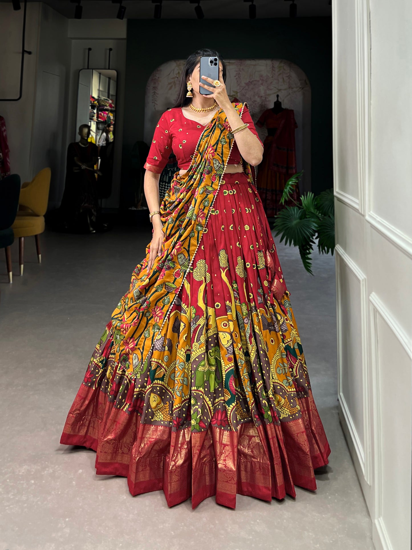 Infuse Your Wardrobe with Southern Grace – Tussar Silk Kalamkari Print Lehenga Choli with Foil Work Border