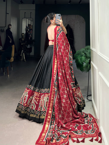 Twirling in Tradition, Shining in Silk – Tussar Silk Patola Print Lehenga Choli with Foil Work Detailing