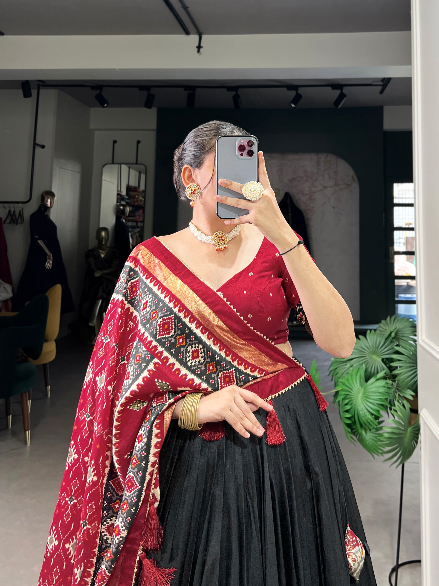 Twirling in Tradition, Shining in Silk – Tussar Silk Patola Print Lehenga Choli with Foil Work Detailing