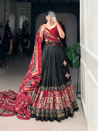 Twirling in Tradition, Shining in Silk – Tussar Silk Patola Print Lehenga Choli with Foil Work Detailing