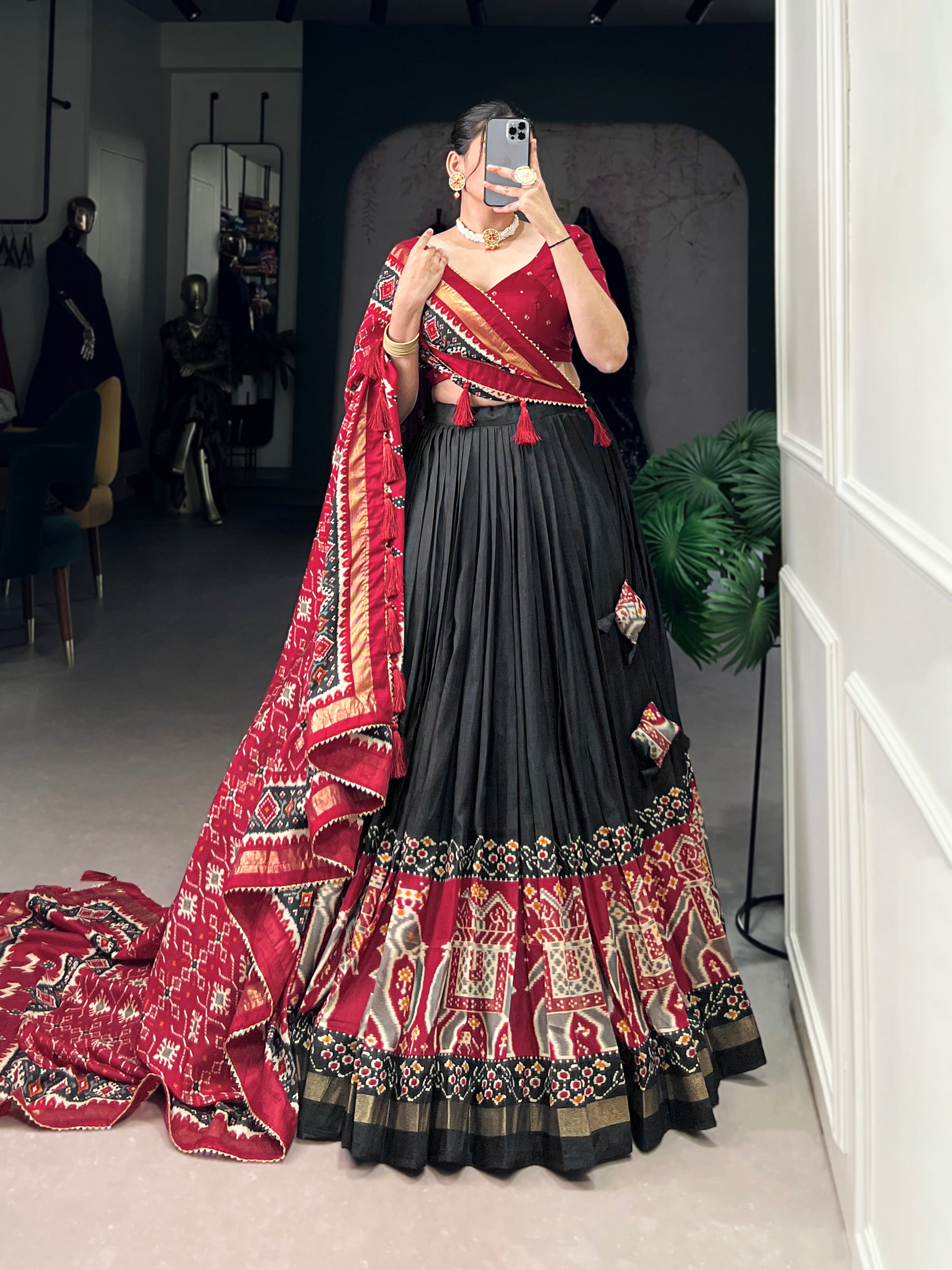 Twirling in Tradition, Shining in Silk – Tussar Silk Patola Print Lehenga Choli with Foil Work Detailing