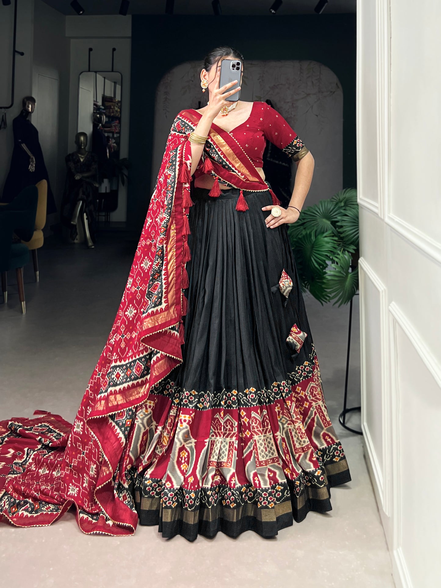 Twirling in Tradition, Shining in Silk – Tussar Silk Patola Print Lehenga Choli with Foil Work Detailing