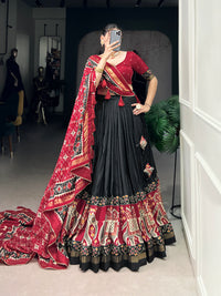 Twirling in Tradition, Shining in Silk – Tussar Silk Patola Print Lehenga Choli with Foil Work Detailing