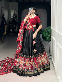 Twirling in Tradition, Shining in Silk – Tussar Silk Patola Print Lehenga Choli with Foil Work Detailing