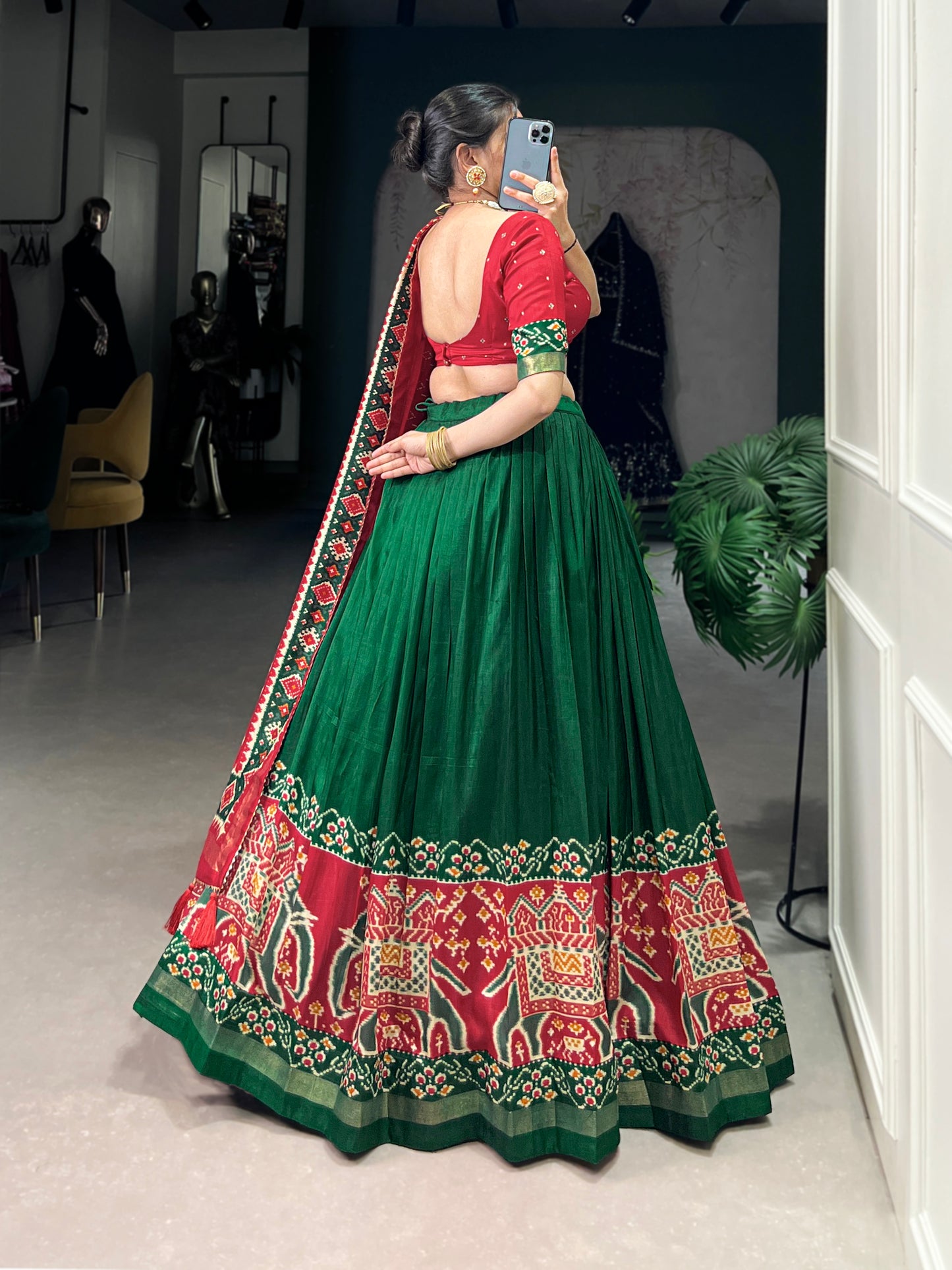 Twirling in Tradition, Shining in Silk – Tussar Silk Patola Print Lehenga Choli with Foil Work Detailing