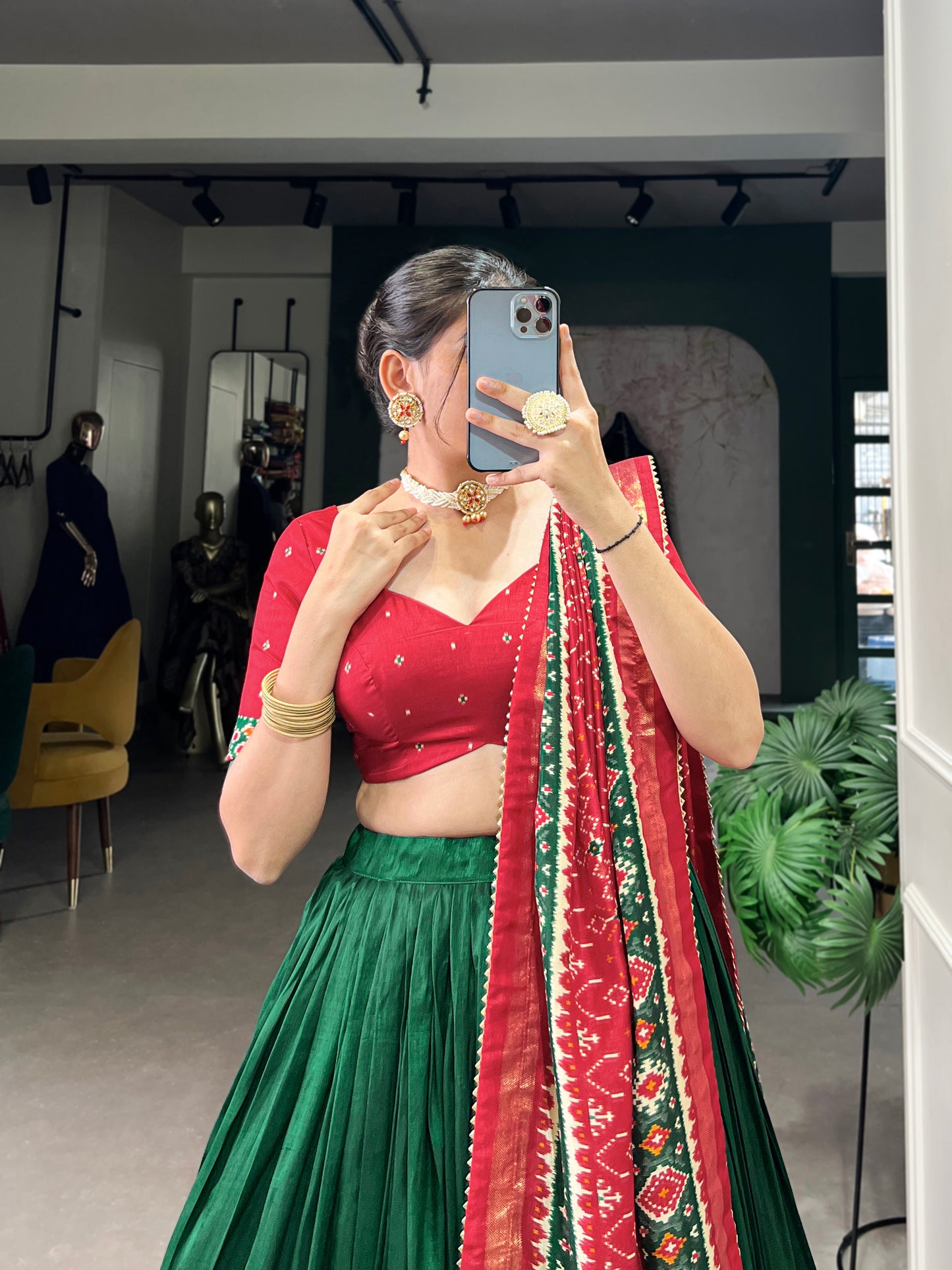 Twirling in Tradition, Shining in Silk – Tussar Silk Patola Print Lehenga Choli with Foil Work Detailing
